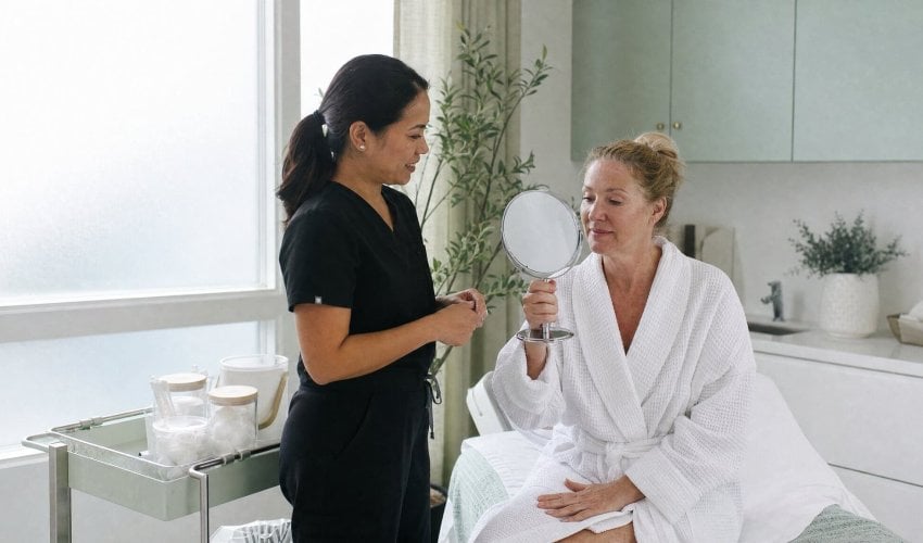 Aesthetician consulting with a client holding a hand mirror