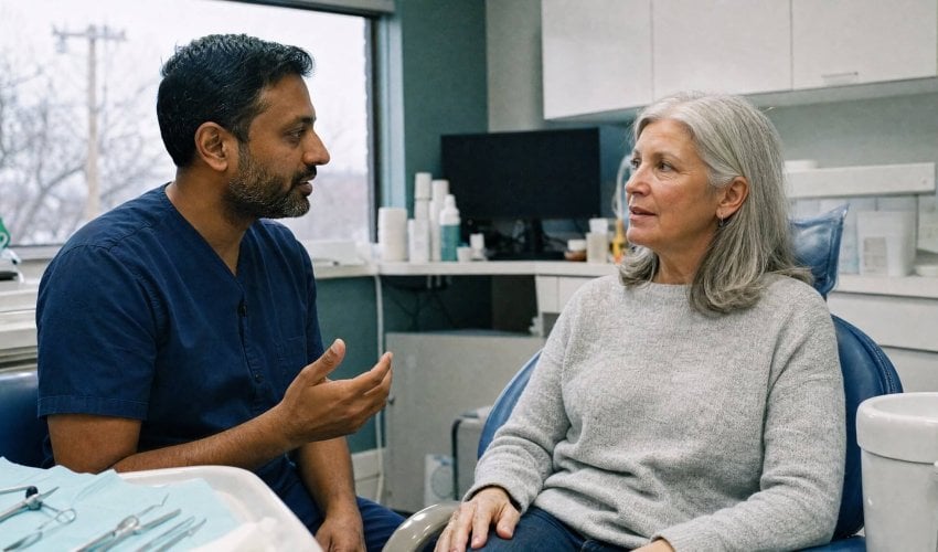 Dentist talking with a patient in a dental chair