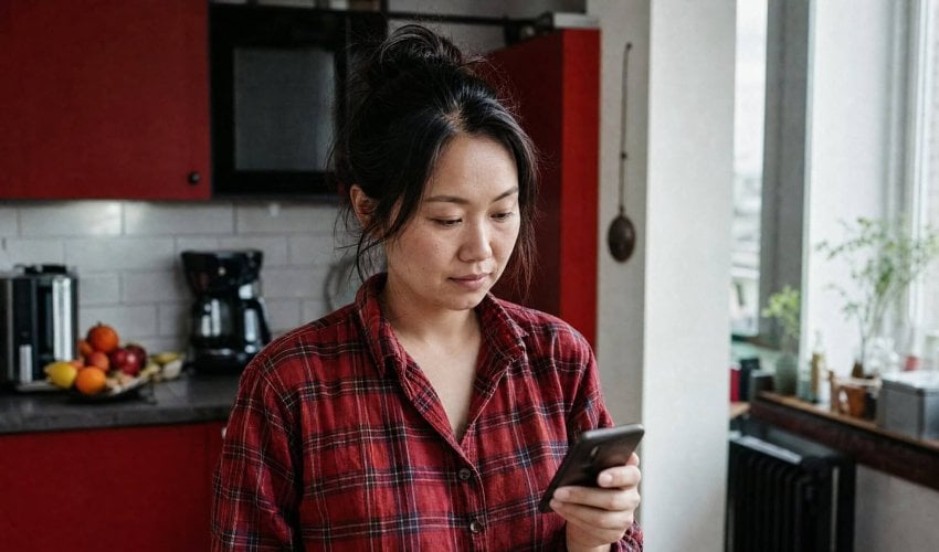 Woman checking a text message on her phone in her kitchen