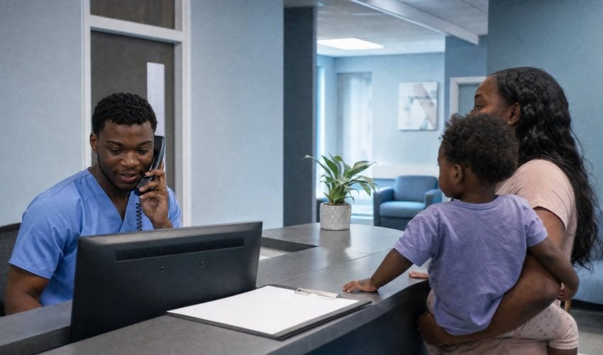 Clinic receptionist on the phone while a mother and toddler wait