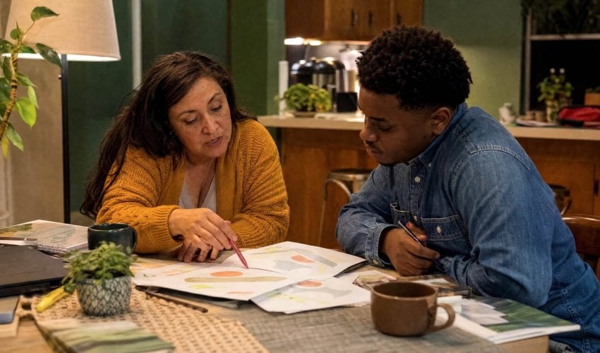 Coach and a young marketer reviewing printouts at a kitchen table