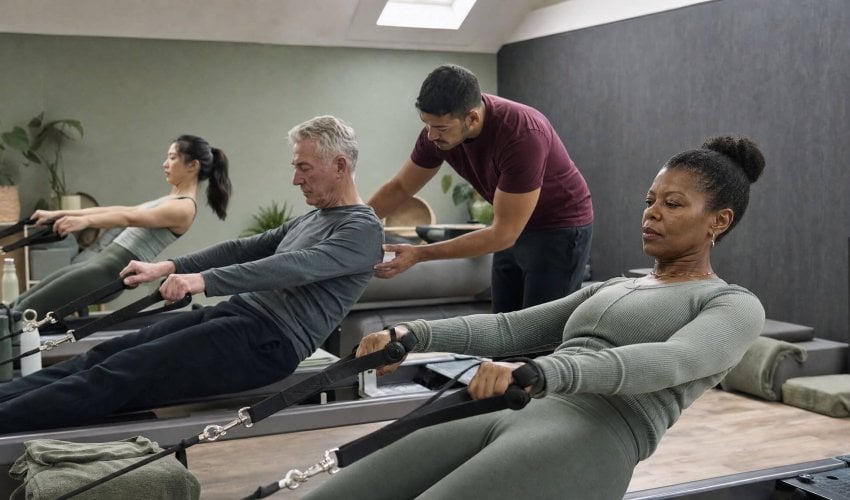 Pilates instructor adjusting a client during a reformer class
