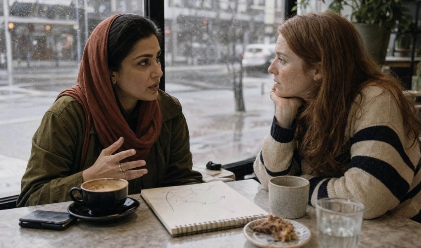 Two women entrepreneurs talking at a cafe table on a rainy day