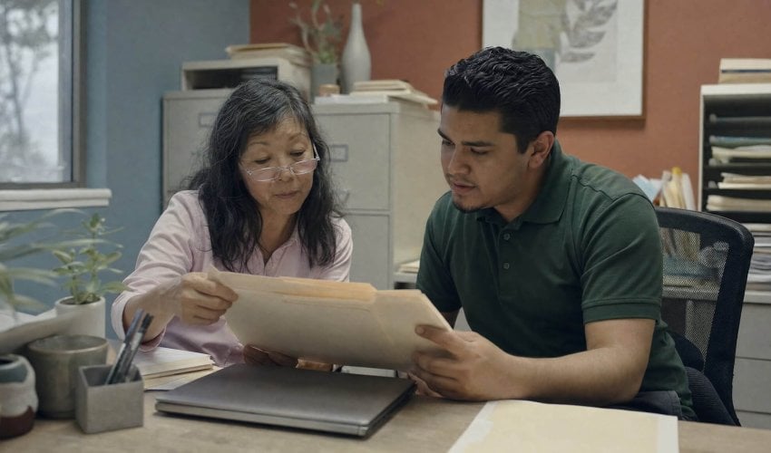 Practice manager and staff member reviewing files in a back office